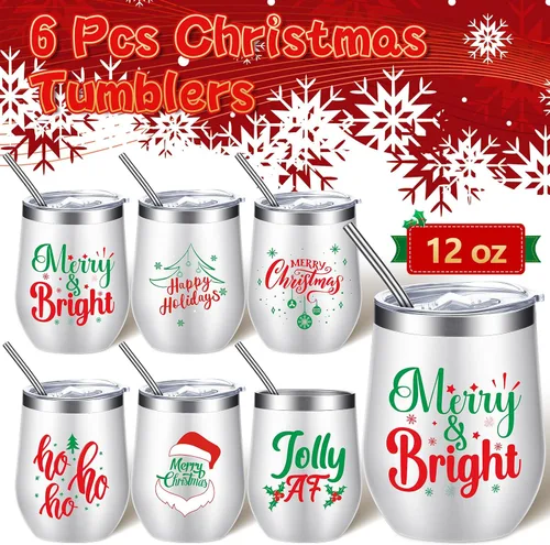 Miniatura 3 de Ziliny 6 Piezas Vasos de Vino de Navidad 12 oz Vasos de Vino Aislados de Acero Inoxidable de Navidad con Tapa y Pajita Divertidas Tazas de Café