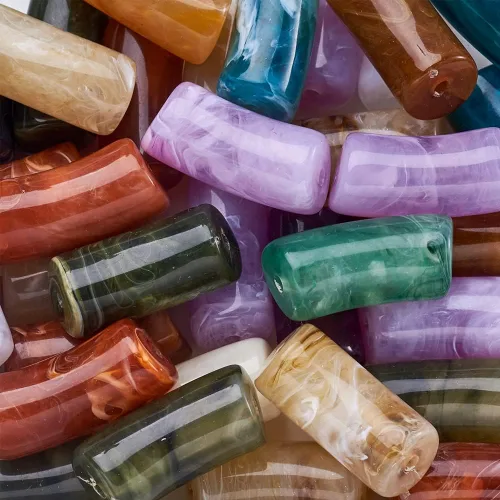 Miniatura 3 de 40 cuentas de tubo de imitación de piedras preciosas acrílicas, coloridas cuentas curvas acrílicas opacas gruesas con cuentas de disco espaciador