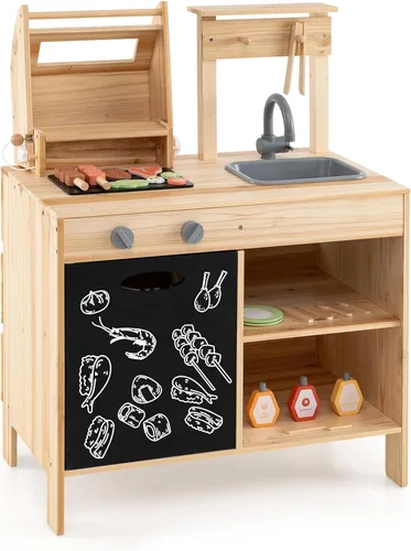 Miniatura 11 de Costzon Juego de parrilla para niños con ruedas, juego de parrilla de madera para niños con comida de juego, herramientas de parrilla y accesorios