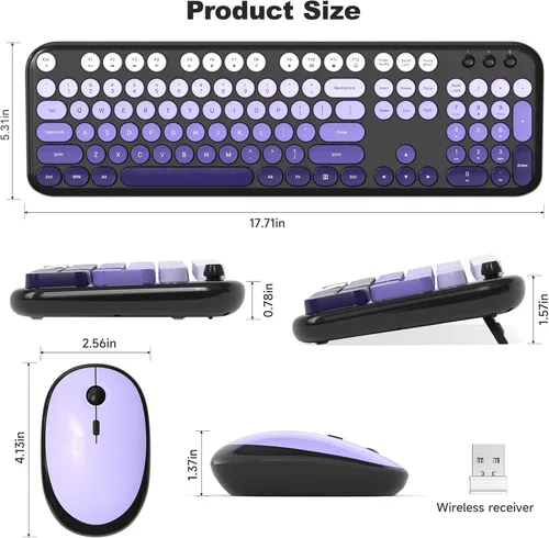 Miniatura 134 de KNOWSQT Combo de teclado y ratón inalámbrico, teclados lindos de tamaño completo estilo máquina de escribir 2.4G azul colorido - receptor USB Plug