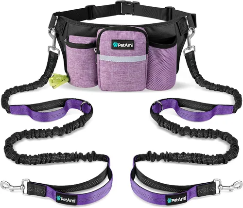 Miniatura 8 de PetAmi Correa de perro con manos libres de alta calidad para 2 perros, correa de cinturón ajustable para pasear perros, riñonera con bolsa de Púrpura