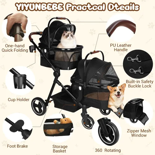 Miniatura 2 de Carriola doble plegable para mascotas para 2 gatos y perros pequeños y medianos, carriola integrada ligera para mascotas, individual y doble