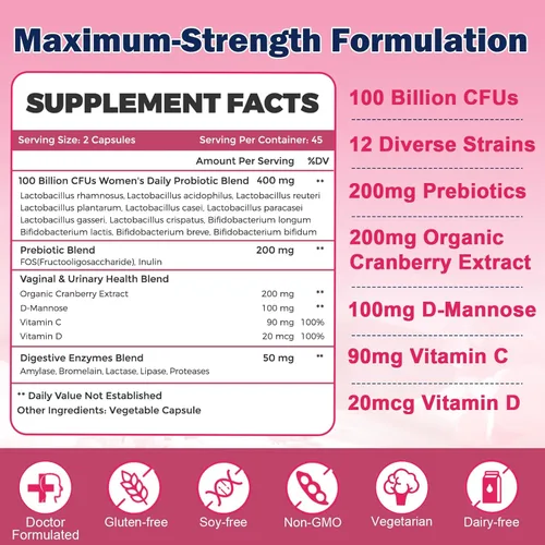 Miniatura 6 de ZEBORA Probióticos vaginales para mujeres Salud pH Balance 100 B CFU con prebióticos y lactobacillus, para infección del tracto urinario por