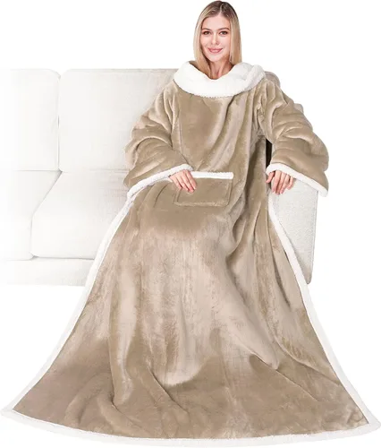 Miniatura 13 de PAVILIA Manta de forro polar con mangas para mujeres y hombres adultos, manta portátil cálida y suave, acogedora con bolsillo para abrazarse, manta