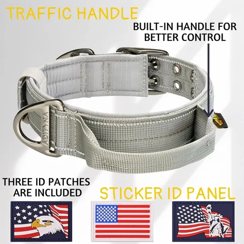 Miniatura 3 de ADITYNA Collar de perro resistente para perros grandes, collar gris reflectante con asa para entrenar y caminar, ancho, grueso, táctico, acolchado