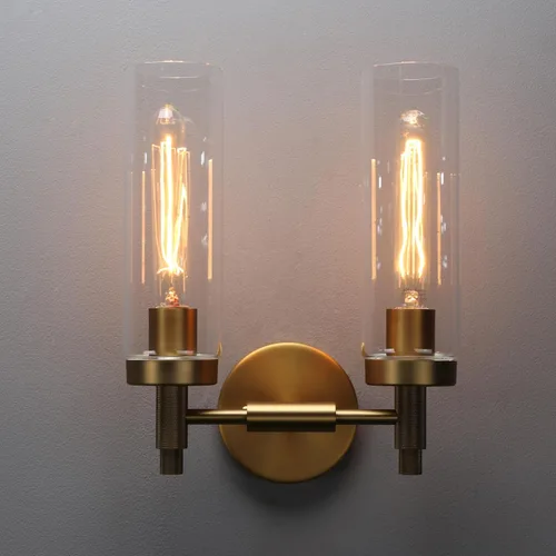 Miniatura 12 de Phansthy Lámpara de pared industrial rústica con pantalla tubular de vidrio transparente (aplique de 2 luces)