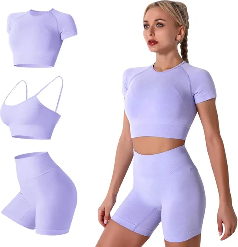 Conjunto de yoga para mujer sin costuras pantalones cortos de ejercicio de cintura alta con brasier deportivo 3 piezas conjunto deportivo