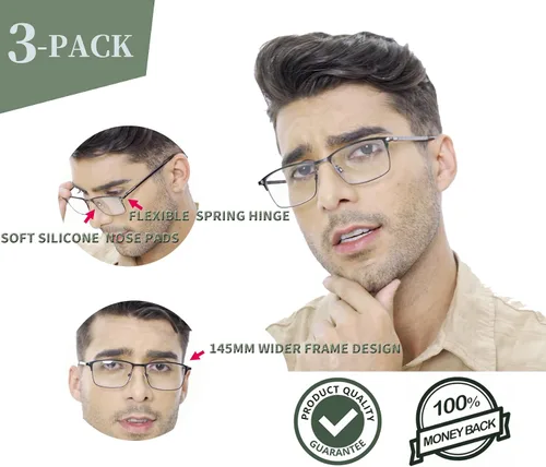 Miniatura 4 de HOTJOJO - Pack de 3 gafas de lectura bifocales para hombres, con bloqueo de luz azul para computadora, anti rayos UV/fatiga ocular/reflejos, gafas