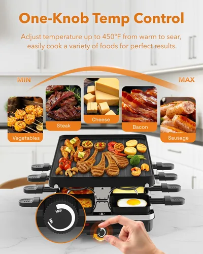 Miniatura 5 de HBN Parrilla eléctrica de mesa Raclette con 8 bandejas de calentamiento, parrilla coreana 2 en 1 y plancha eléctrica antiadherente, control