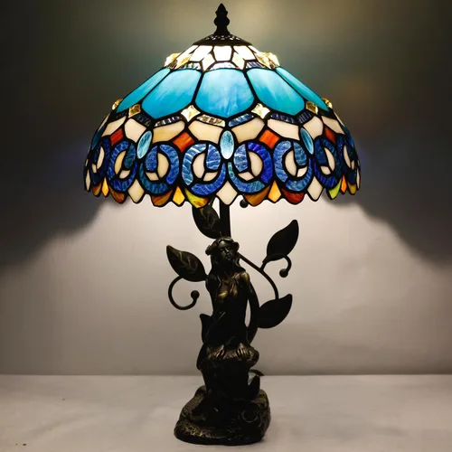 Miniatura 6 de Tiffany - Lámpara de mesa con vitrales, 12 x 12 x 18.5 pulgadas, escultura de resina, luz de lectura antigua (joyería azul barroco) Escultura