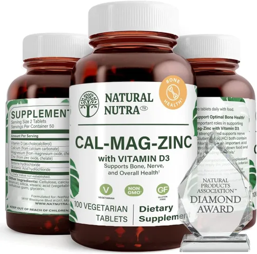 Natural Nutra Suplemento de calcio y magnesio y zinc con vitamina D3 para fortaleza ósea, salud sin gluten y sin azúcar, complejo mineral esencial