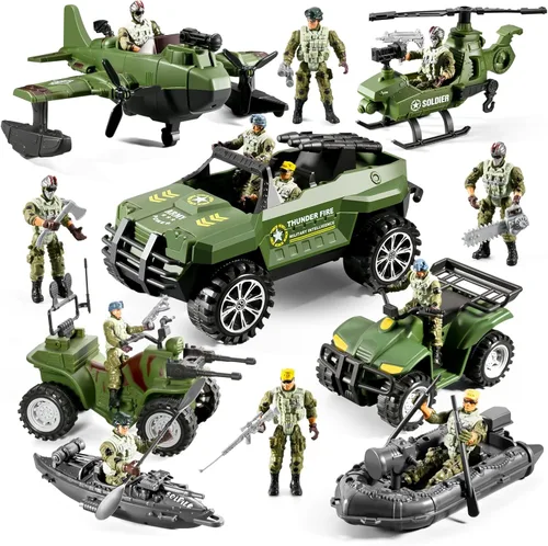 Miniatura 8 de Conjunto de juguetes de hombres del ejército de 78 en 1 con camión militar realista/helicóptero/barco kayak/motocicleta/figuras de acción de hombres
