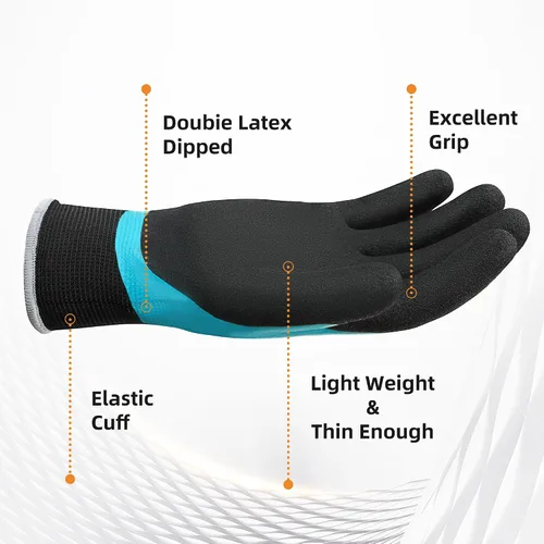 Miniatura 2 de DULFINE Guantes de trabajo 100% impermeables para hombres y mujeres, agarre recubierto de látex de espuma, paquetes múltiples térmicos de invierno