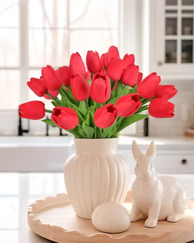 Miniatura 9 de MACTING - 30 flores artificiales de tulipán, tulipanes falsos de tacto real, flores artificiales de primavera, tulipanes de imitación para arreglos