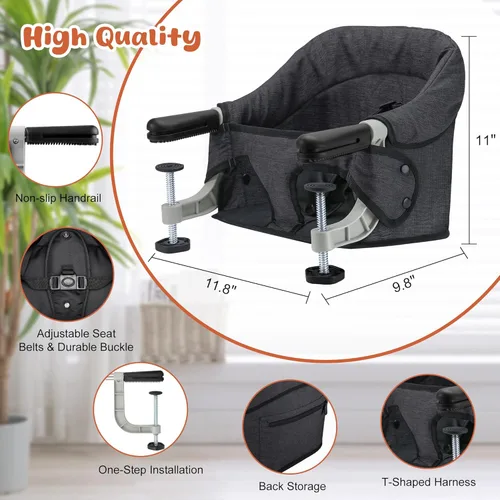 Miniatura 7 de Silla alta de gancho con bandeja desmontable, silla alta portátil plegable de viaje para bebé, asiento de alimentación ligero con bolsa de Negro