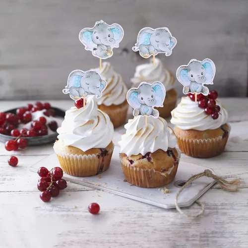 Miniatura 5 de 36 piezas de decoración de cupcakes de elefante azul It's a Boy Baby Shower para temática de elefante, revelación de género, baby shower, niños