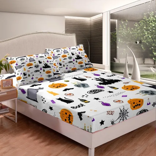 Miniatura 9 de Feelyou Juego de sábanas bajeras de Halloween tamaño individual, juego de sábanas decorativas de Halloween para niños y adultos (sin sábana encimera)