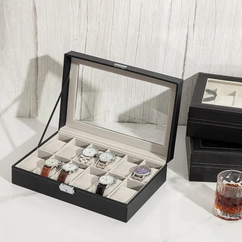 Miniatura 6 de Oyydecor Caja de reloj de piel sintética organizador de almacenamiento de madera para almacenamiento y exhibición negocios de regalo para hombres
