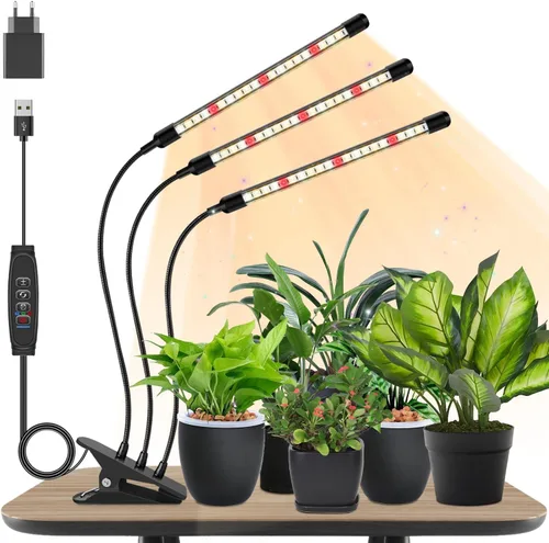Luces de Plantas para Cultivo en Interior, Lámparas de Crecimiento de Espectro Completo de 3 Cabezas con Clips y Cables de 3 Metros para Siembra,