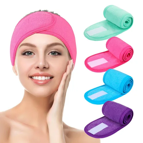 Miniatura 7 de Diademas faciales de spa, 4 piezas, maquillaje, ducha, baño, diadema deportiva, toalla elástica de tela de rizo con cinta mágica (negro)