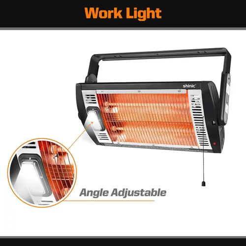 Miniatura 4 de shinic Calentadores eléctricos de garaje para uso en interiores, calentador de cuarzo radiante montado en el techo de 1500 W/750 W con luz