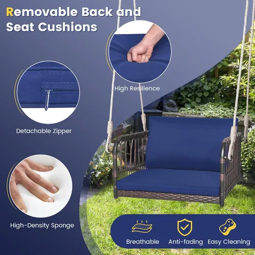 Miniatura 6 de HAPPYGRILL Silla de columpio para porche, asiento colgante tejido de ratán con cuerdas para colgar, ganchos de cojines, banco colgante de mimbre