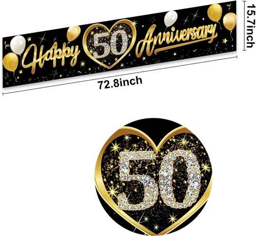 Miniatura 2 de Cartel de feliz 50 aniversario de boda, decoración de cartel de 50 aniversario de oro negro, suministros de fiesta, cabina de fotos para interiores