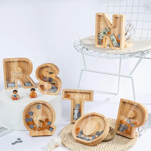 Miniatura 6 de Wooden Piggy Bank Personalized 26 English Alphabet Letter Coin Bank Custom Money Box Wooden Piggy Bank Gift for Kids Christmas Birthday Gift Home