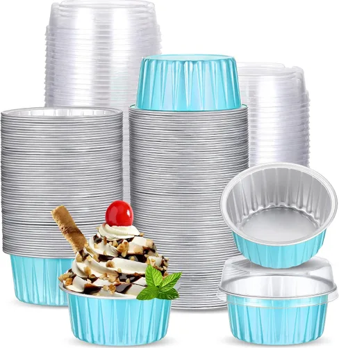 Miniatura 10 de 150 moldes desechables de papel de aluminio para hornear, con tapas, mini moldes para cupcakes de 5 onzas, moldes para flan, moldes para tartas