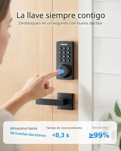 Miniatura 4 de Cerradura de puerta con teclado WiFi Philips con asa, WiFi incorporado, control remoto por APP, desbloqueo por voz y huellas dactilares, cerraduras