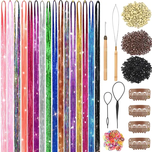 Kit de oropel para el cabello (48 pulgadas, 16 colores, 5000 hebras), extensiones de cabello de oropel de hada con herramientas, kit de oropel con