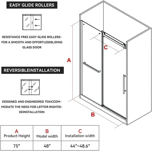 Miniatura 8 de Findepot 44-48" W x 75" H Frameless Sliding Shower Door, Shower Glass Door with 1/4" Thick Tempered Glass, Explosion-Proof Film, Easy to Clean