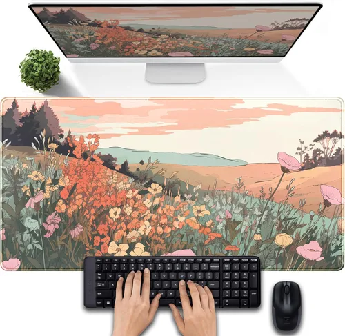 Miniatura 32 de Tapete de escritorio de bosque anime, lindo tapete de mouse verde, tapete de escritorio completo Kawaii estético XXL para juegos Mousemat XL
