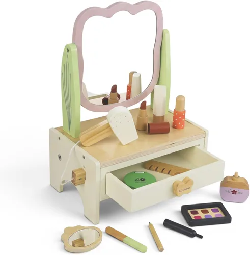 Juego de maquillaje de madera para niños, juego de salón de belleza con espejo giratorio y espejo pequeño desmontable, juguetes de mesa de tocador