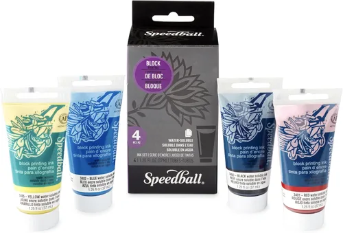 Speedball Juego de tintas de impresión en bloque soluble en agua - 4 colores llamativos con acabado satinado - tubos de 1.25 onzas líquidas