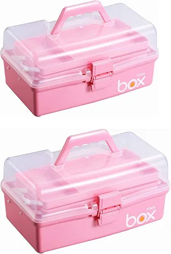 Miniatura 9 de Kinsorcai Caja de almacenamiento de plástico transparente de tres capas de 12 pulgadas con asa, caja de herramientas para manualidades, caja de Rosa