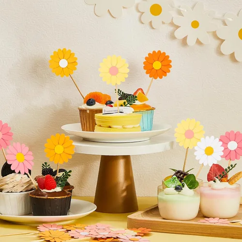 Miniatura 7 de Henoyso 48 decoraciones para cupcakes de margaritas de primavera Groovy Spring Flower Cake Topper de los años 70, hippie, bohemio, joven, salvaje