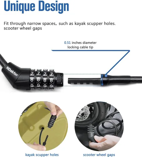 Miniatura 2 de NDakte Candado para Bicicleta, Candado de Cable Recto Extra Largo (1.83m a 8.23m) con Combinación Reseteable, Diseño Único Masculino Estrecho