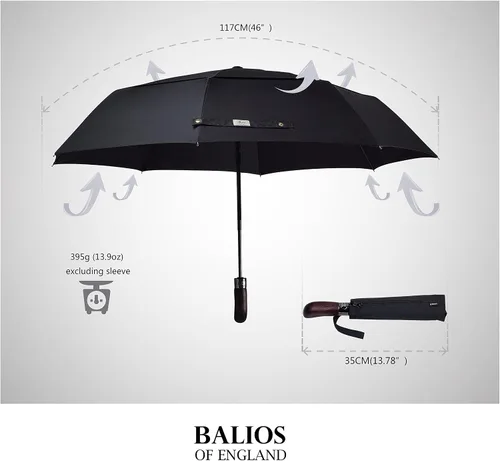 Miniatura 3 de Paraguas plegable de viaje con mango de madera real, cierre automático, ventilado, resistente al viento, diseñado en Reino Unido
