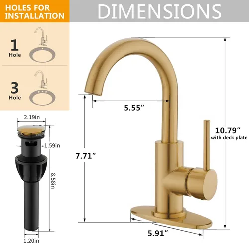 Miniatura 8 de Grifos de Baño Dorados – Grifo de Lavabo de Cascada de Un Solo Agujero con Conjunto de Drenaje, Grifos de Baño de Cascada de Oro Cepillado con Caño