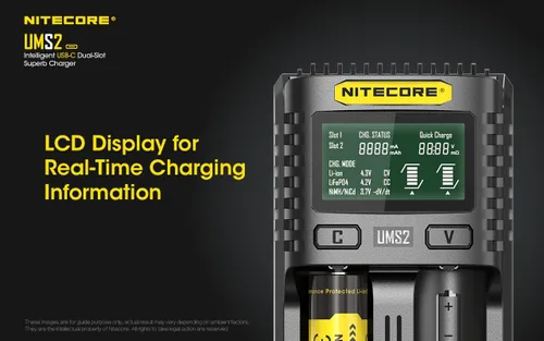 Miniatura 4 de Nitecore UMS2 - Cargador de batería inteligente de doble ranura USB-C rápido para baterías Li-Ion/Ni-MH/Ni-Cd/IMR 16340 14500 18650 21700 20700 AA