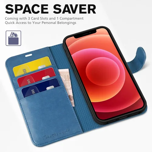Miniatura 7 de TUCCH Funda tipo cartera, iPhone 12 Pro/12 5G, azul lago, carcasa interior de TPU a prueba de golpes, piel sintética, bloqueo RFID, soporte