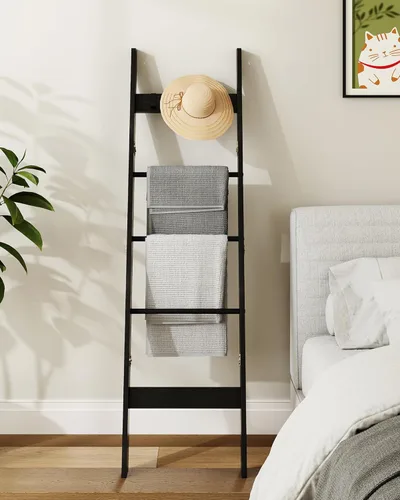 Miniatura 7 de Hzuaneri Escalera para manta para sala de estar, estante decorativo para edredón con 4 ganchos extraíbles, 5 niveles de soporte de escalera de Negro