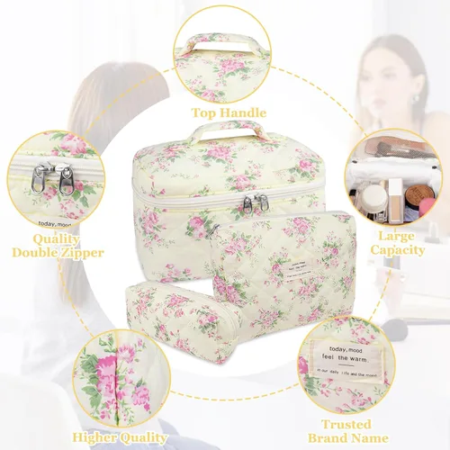 Miniatura 3 de Set de bolsas de maquillaje, bolsa de maquillaje acolchada, bolsa de cosméticos floral grande para mujeres, lindas bolsas de maquillaje de algodón