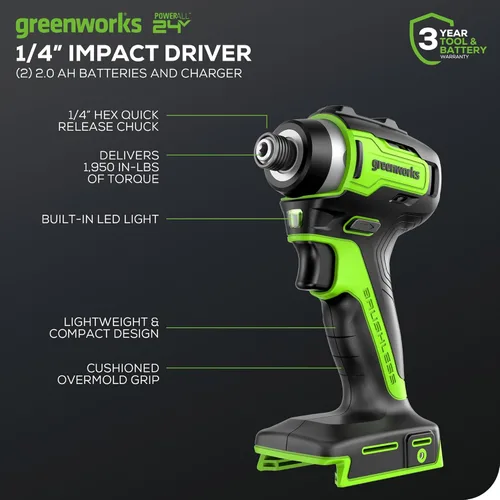 Miniatura 2 de Greenworks - Taladro de impacto sin escobillas de 24 V de 1/4 pulg. inalámbrico, (2) baterías de 2.0 Ah, cargador compacto y bolsa incluidos