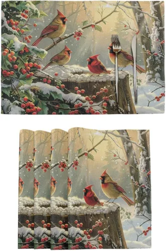 Wamika Juego de 4 manteles individuales de invierno con diseño de pájaros cardenales y bayas de acebo, manteles individuales de arpillera para