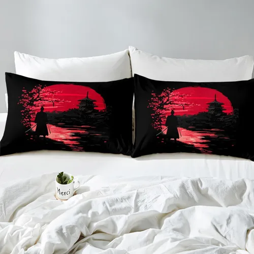 Miniatura 6 de Erosebridal Samurai - Juego de ropa de cama, sábana bajera ajustable, funda de cama samurái japonés, juego de sábanas de silueta de paisaje