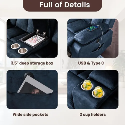 Miniatura 5 de Sofá reclinable de terciopelo, sofá biplaza reclinable doble con calor y masaje, sofá reclinable de pared con USB y tipo C, sofá reclinable