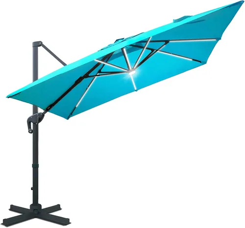 Sunnyglade Sombrilla de patio voladiza LED de 10 x 10 pies con energía solar, sombrilla cuadrada de lujo con rotación de 360° y sistema de Azul