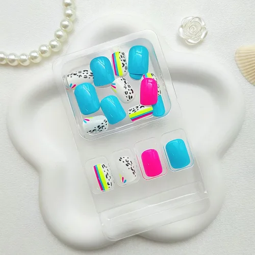 Miniatura 4 de Uñas postizas cortas a presión, uñas acrílicas cuadradas, coloridas de cobertura completa, uñas adhesivas brillantes en líneas, uñas reutilizables